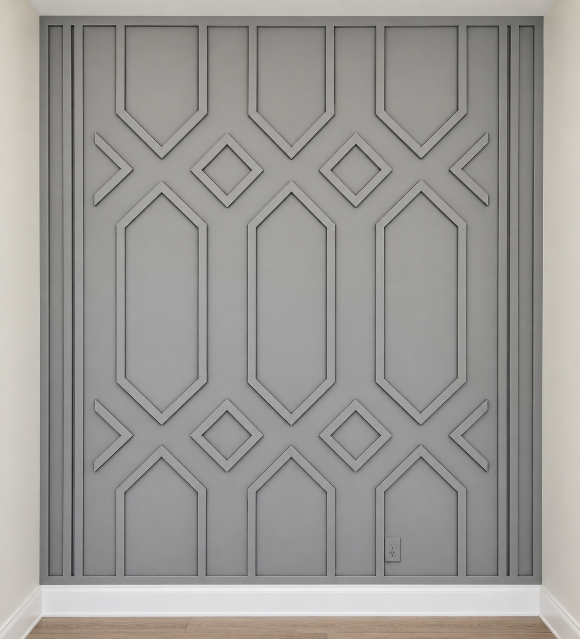 Centered symmetrical grey panel moulding accent wall